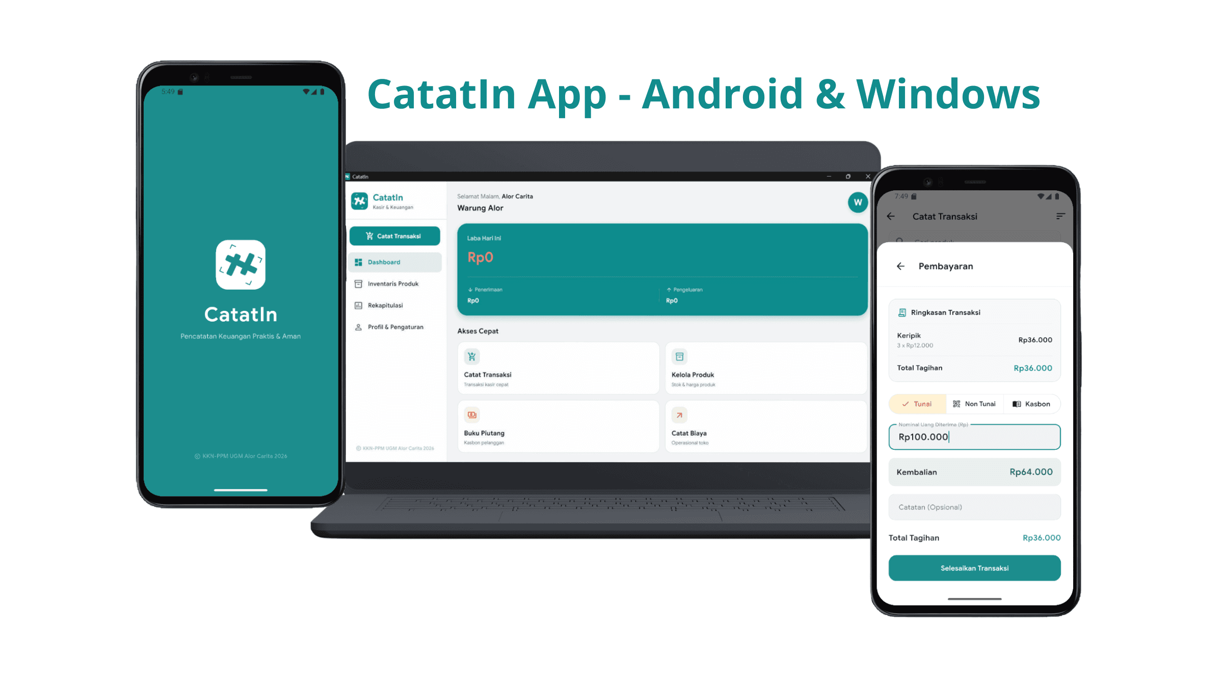 Tampilan Antarmuka Aplikasi CatatIn pada Android dan Windows Desktop